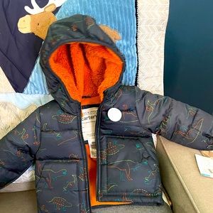NWT BOYS Carters 18m Winter Coat dinosaurs Navy blue with fleece around hood